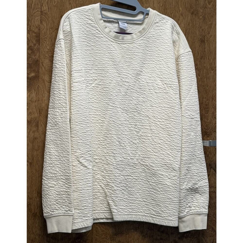 Zara Mens Sweatshirt Sweater Textured Knit Beige Off-white Pullover Crewneck XL